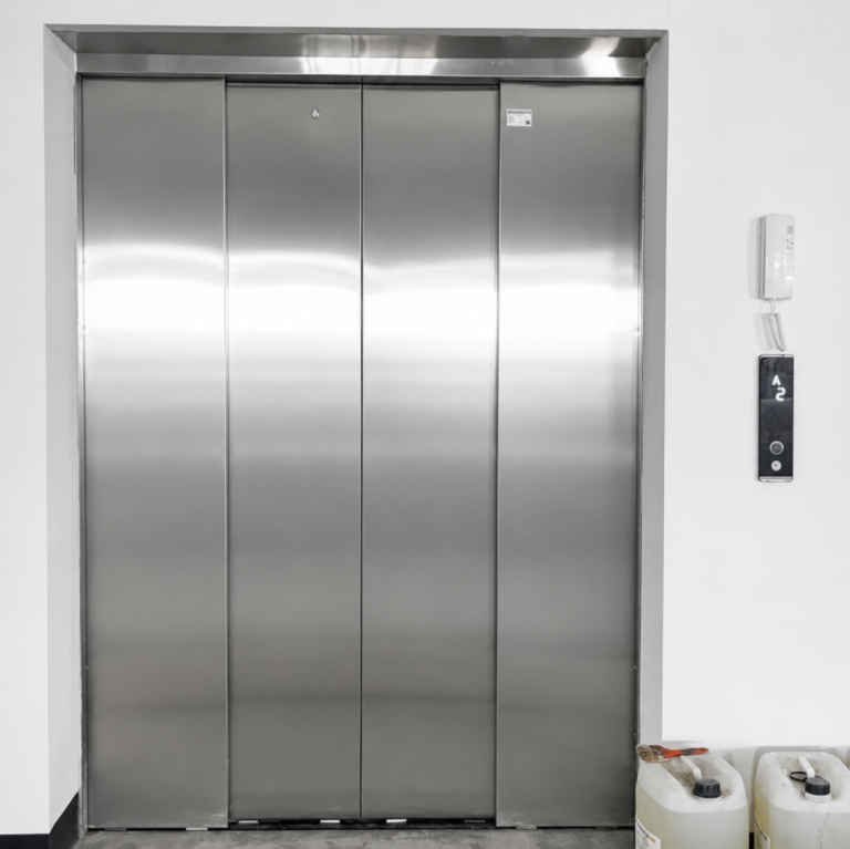 Cửa tầng inox bốn cánh mở tim và bảng gọi tầng của thang Tân Long
