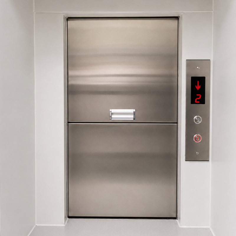 Thang tải thực phẩm bằng inox với cửa mở lên xuống