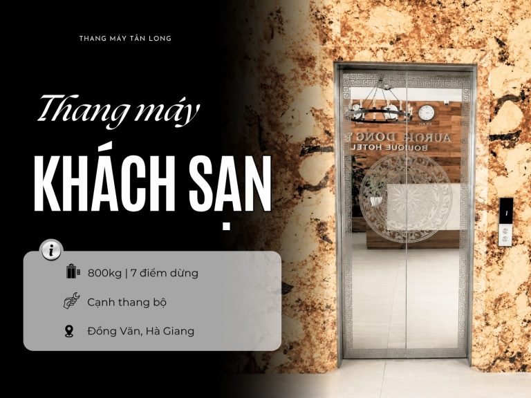 Cửa tầng inox thang máy 800 kg trong khung đá vân vàng tại khách sạn ở Đồng Văn, Hà Giang